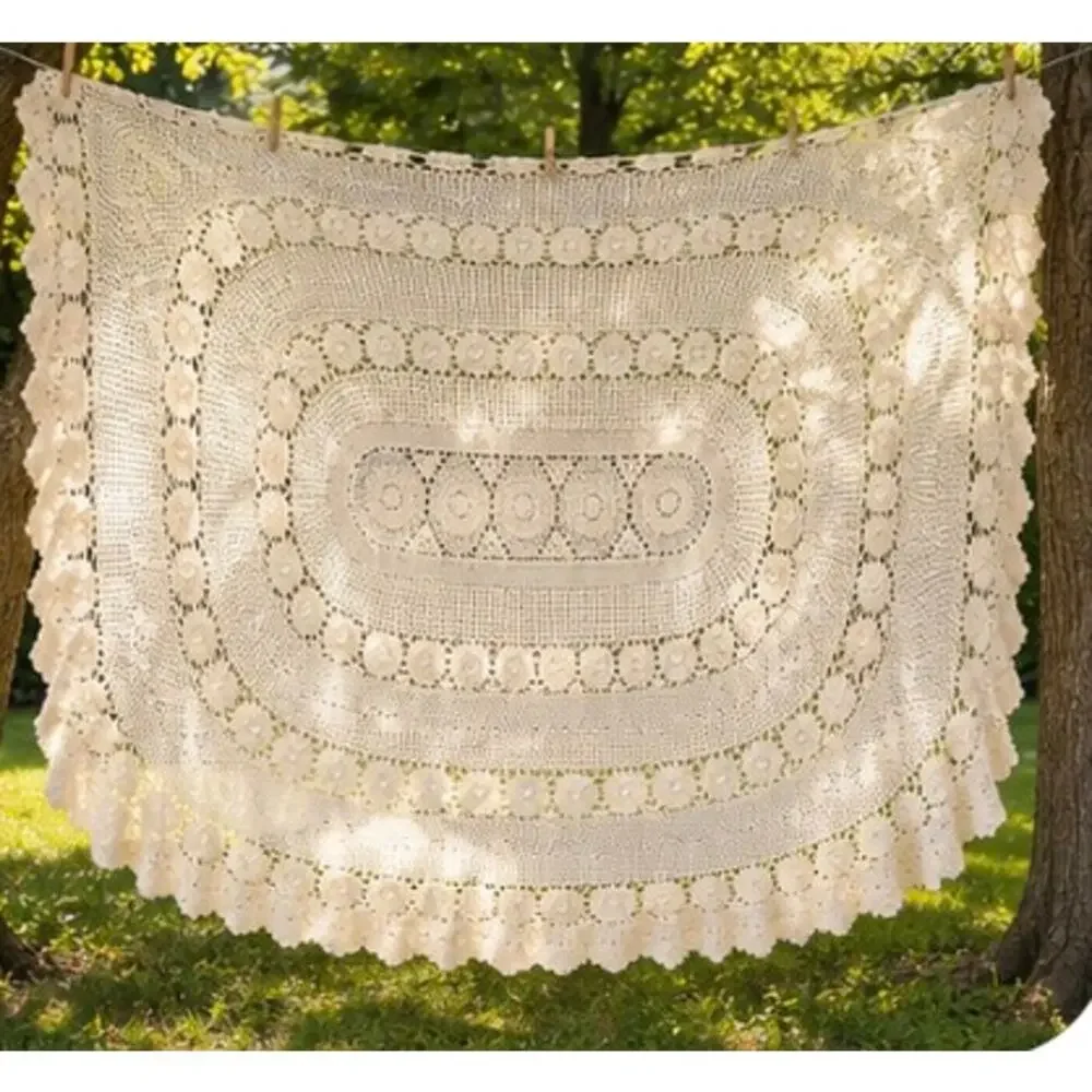Vintage Handmade Crochet Lace Coverlet Throw Ecru Floral Roses Raised Crochet
